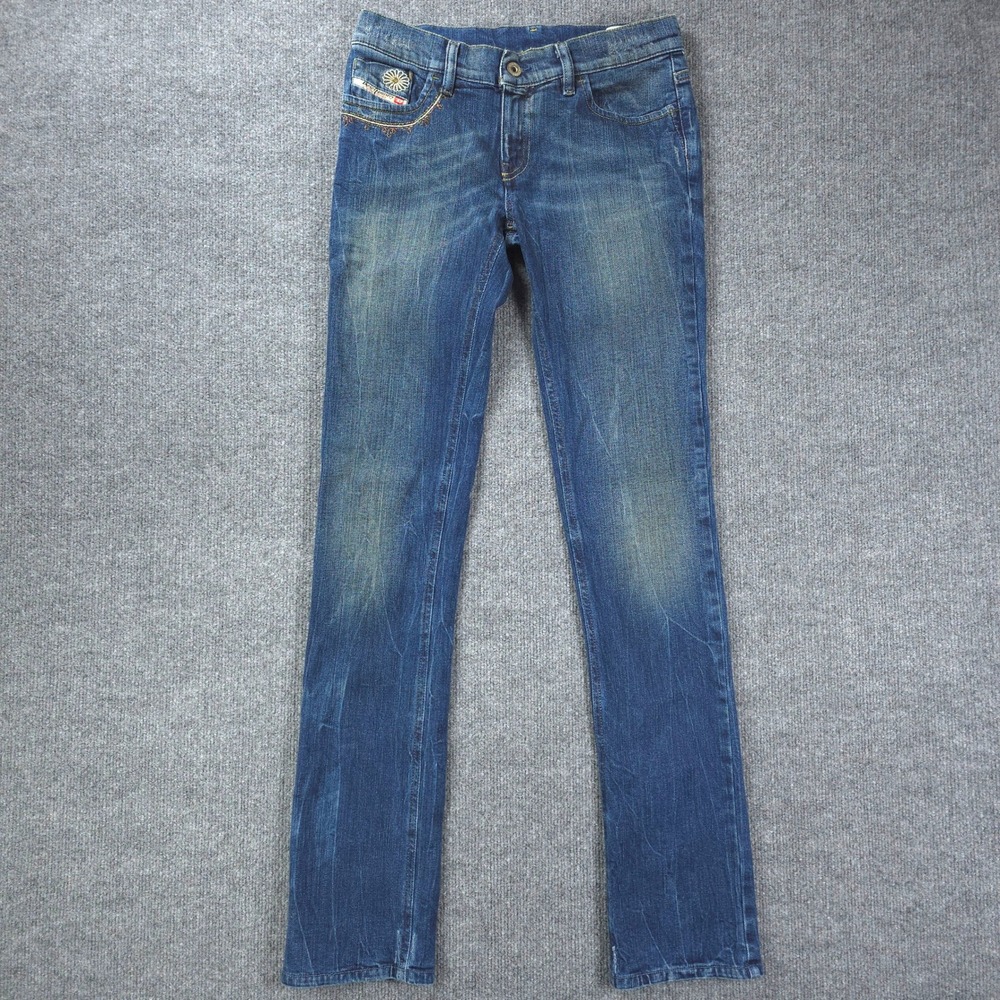 Diesel Liv Jeans Womens 28 Blue Slim Straight Stretch Embroidered Denim Low Rise